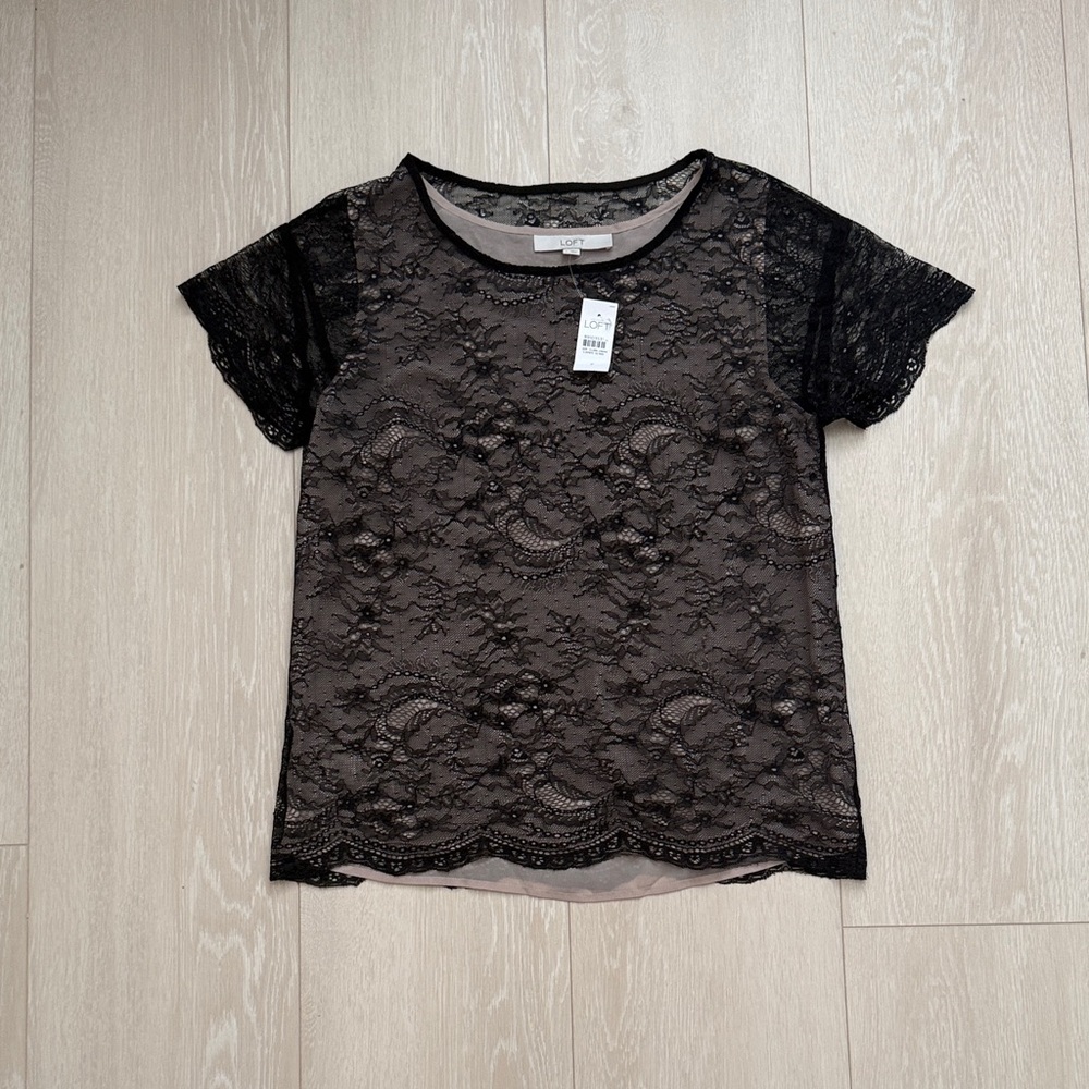 LOFT Black Lace Short Sleeve Top